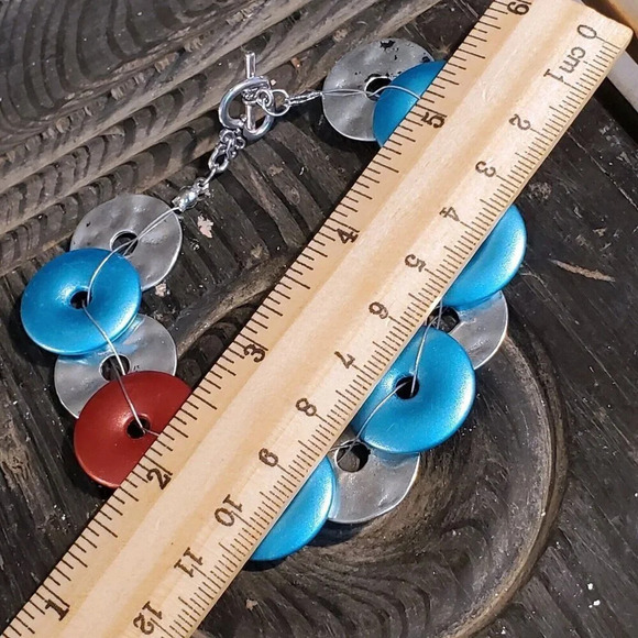 Mid Century Modern Style Handcrafted Silver Blue Cinnamon Disc Beads Bracelet - Picture 8 of 9
